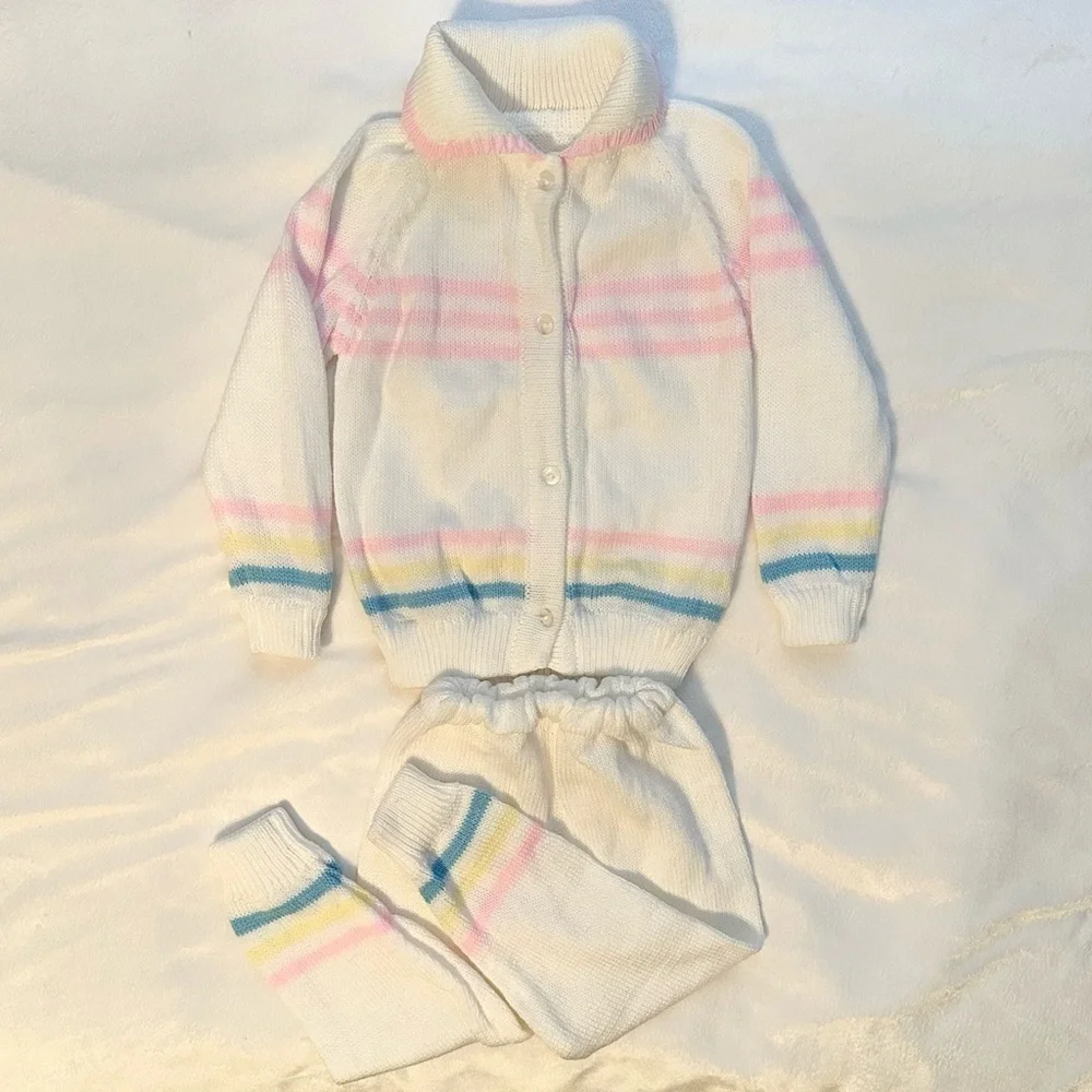 Vintage Hand Knit 2pc Outfit Cardigan Sweater & Pants Girls Toddler 2T stripe